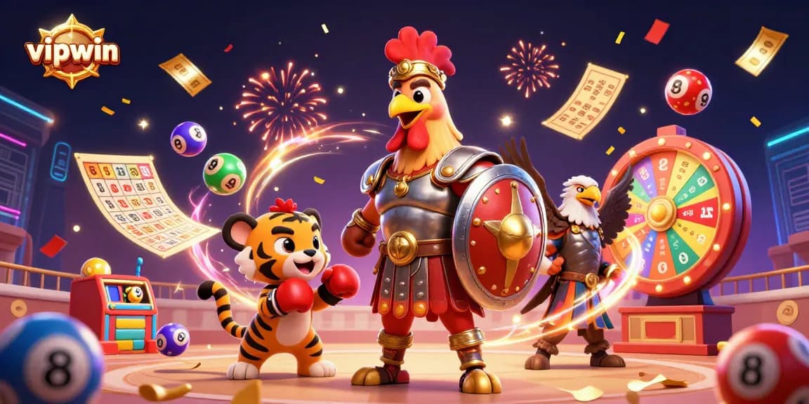 Experience the thrill of gambling with vipwin through a dynamic 3D illustration of games and celebrations.