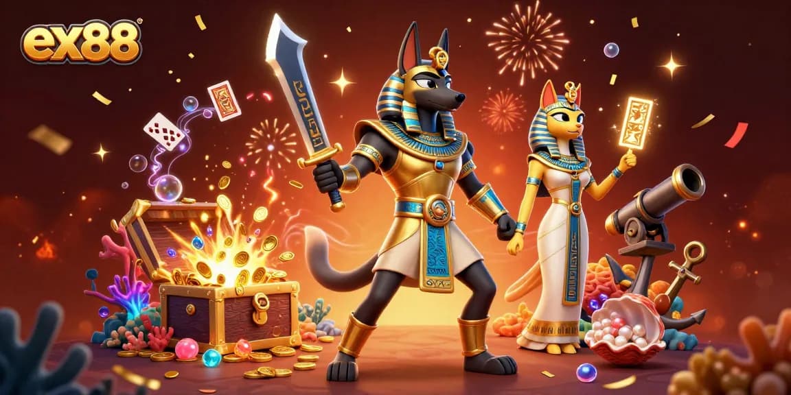 Experience thrilling gaming action with ex88, showcasing dynamic 3D characters and vibrant casino elements.