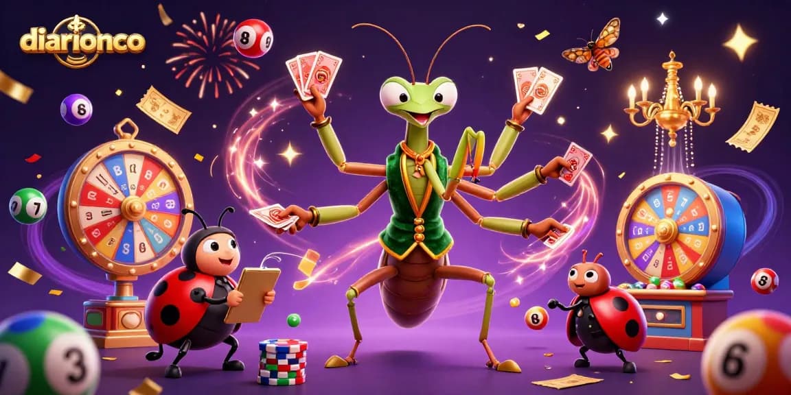 Join the excitement at diarionco as a giant praying mantis dealer and ladybug pit boss oversee thrilling casino action with colorful lottery elements.