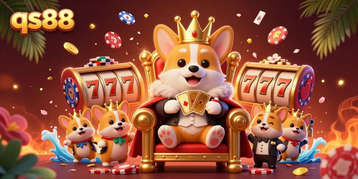 Engage with qs88’s vibrant casino scene showcasing a royal corgi and dynamic slot elements.