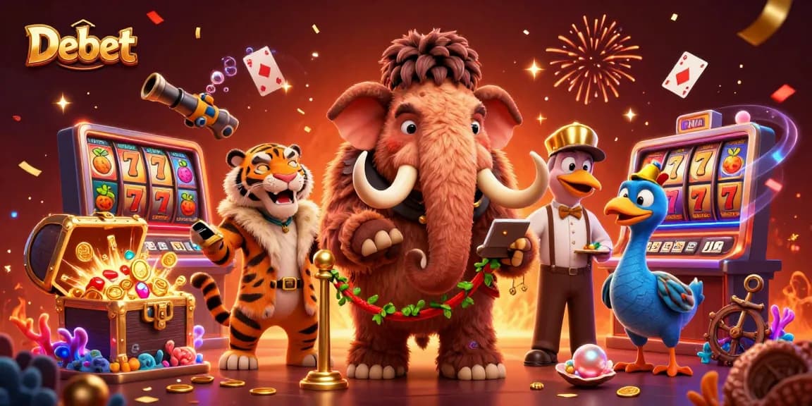 Experience excitement with Debet's vibrant 3D casino scene featuring a woolly mammoth bouncer and slot symbols.