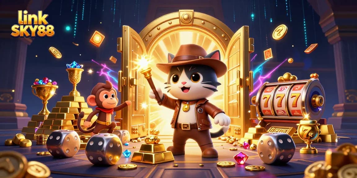 Engage in thrilling games at link SKY88, featuring a vibrant 3D casino adventure scene.