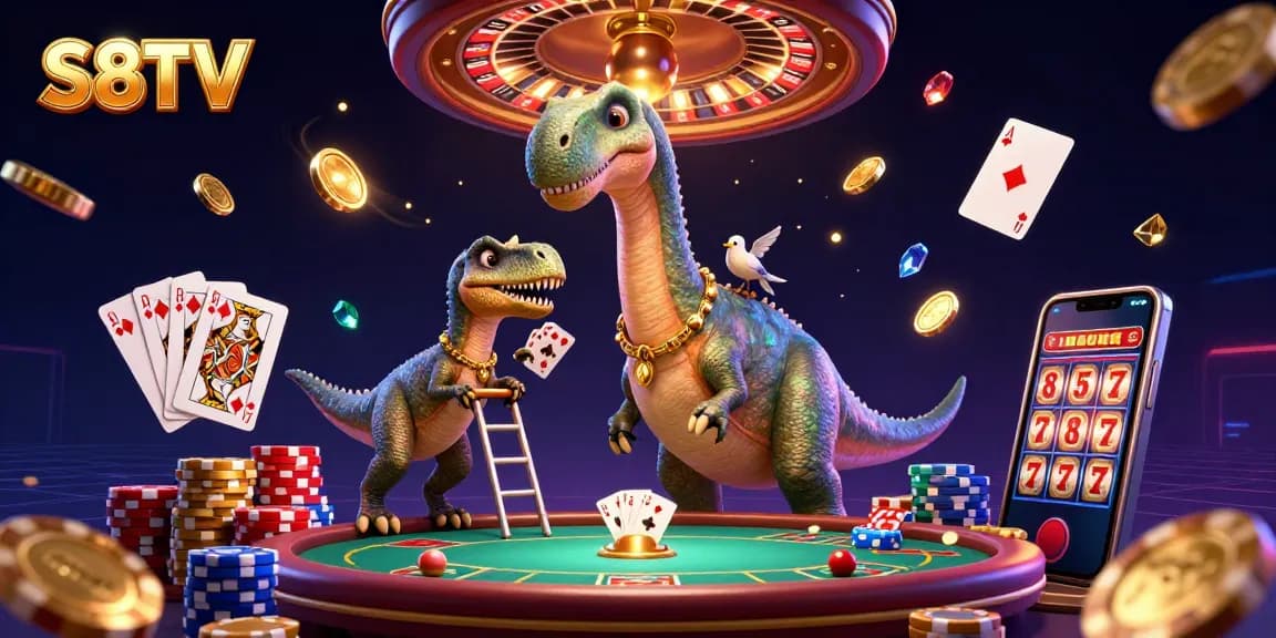 S8TV brings an engaging 3D scene of a dinosaur and raptor in a bustling casino, showcasing poker action and rich visuals.