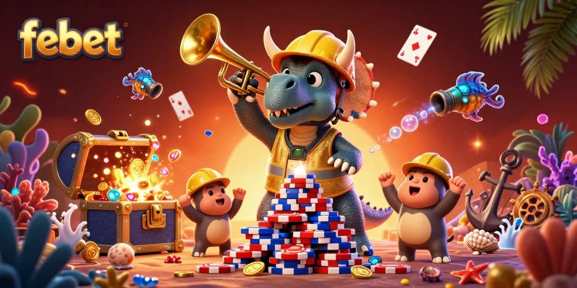 Join febet in this vibrant casino scene with poker chips, treasure, and celebration!