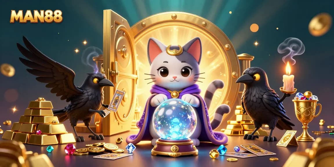 Experience the excitement of MAN88 with a mystical cat, tarot raven, and treasure elements in a vibrant casino setting.