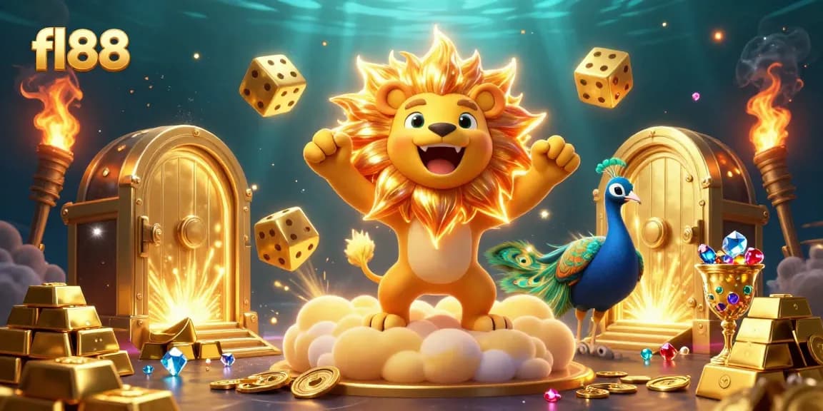 Experience winning potential at fl88 with vibrant 3D casino scene featuring a roaring lion and golden treasures.
