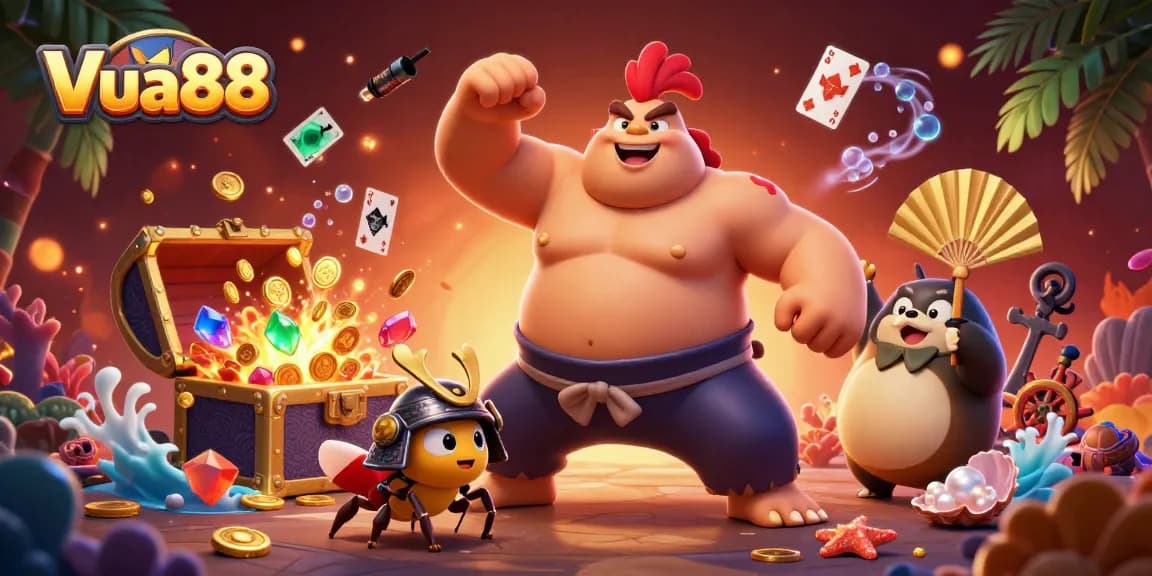 Join the action at Vua88 as the powerful sumo wrestler rooster stomps amidst an explosion of treasures!