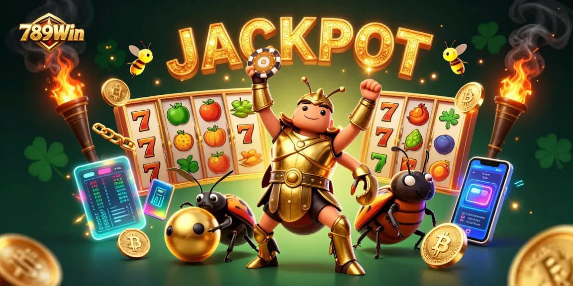 Experience the excitement of 789Win with a 3D cartoon beetle lifting a poker chip amidst vivid casino game elements.
