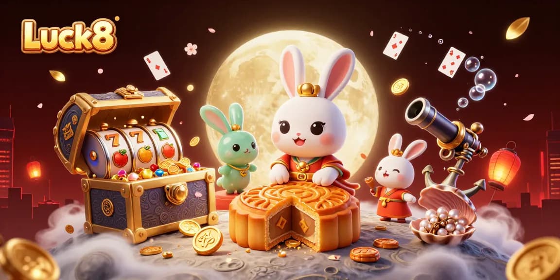 Luck8 captivates players with an enchanting scene of a moon rabbit revealing poker chips, showcasing dynamic slot elements.