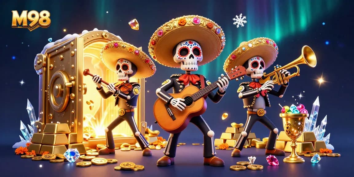 Experience M98’s vibrant casino scene with a lively mariachi band amidst treasure and jewels.
