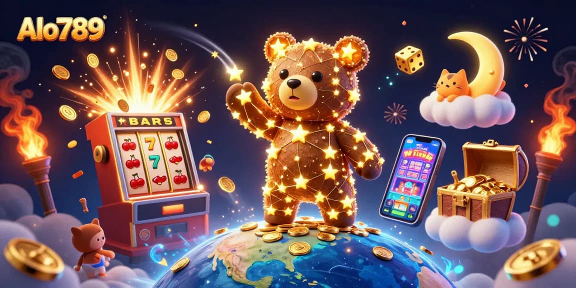 Alo789 features a vibrant 3D illustration showcasing exciting gambling experiences with dynamic game elements and characters.