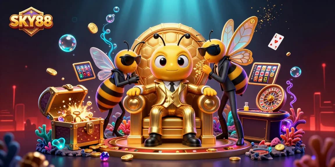 Experience the thrilling ambiance of SKY88 with immersive digital 3D casino illustrations showcasing vibrant gaming elements and captivating characters.