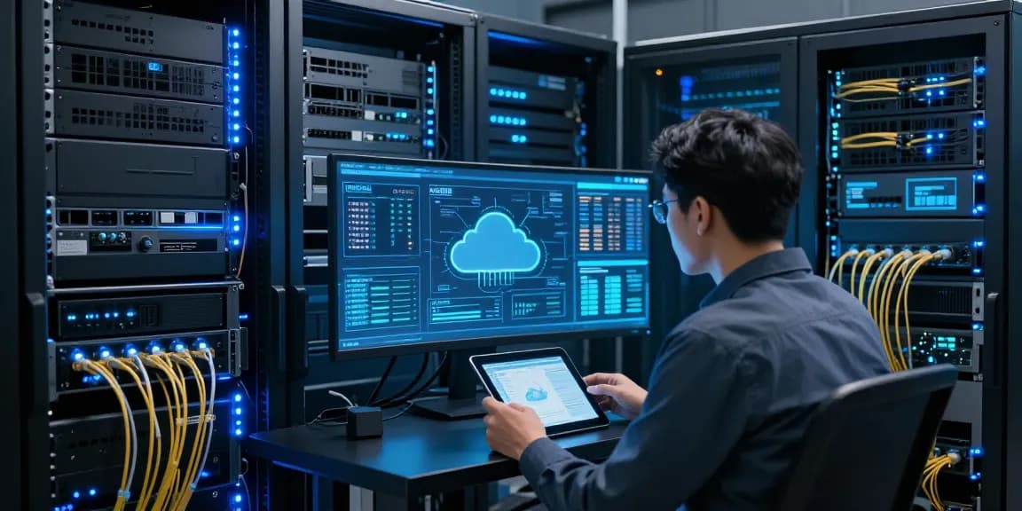 GO8 cloud computing platform with advanced technology in a modern data center featuring servers and holographic visuals.