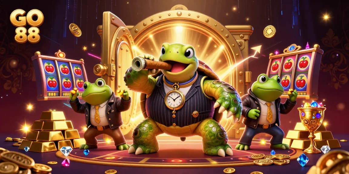 Experience the excitement of GO 88 with a massive snapping turtle in a suit lighting up the casino scene.