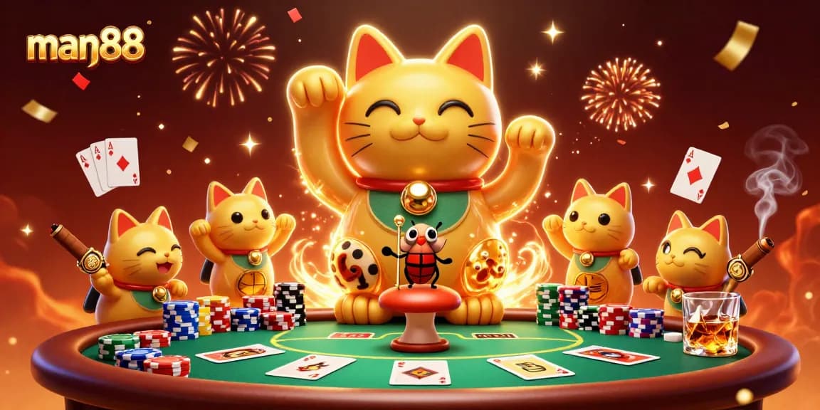 Experience the excitement of man88 as a lucky cat animated by fireflies at a vibrant poker table.
