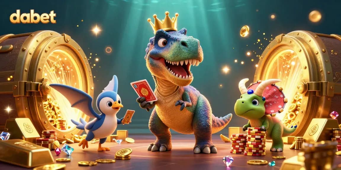 Join the fun at dabet with a friendly T-Rex shuffling cards in a vibrant casino scene filled with treasures.