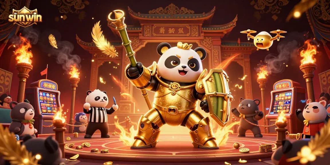 Engage in the vibrant sun-win casino battle arena featuring dynamic slot elements and a golden panda.