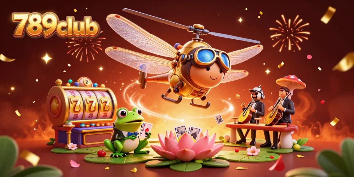 Experience winning moments with 789club at an illustrated lily pad casino with vibrant gaming elements.