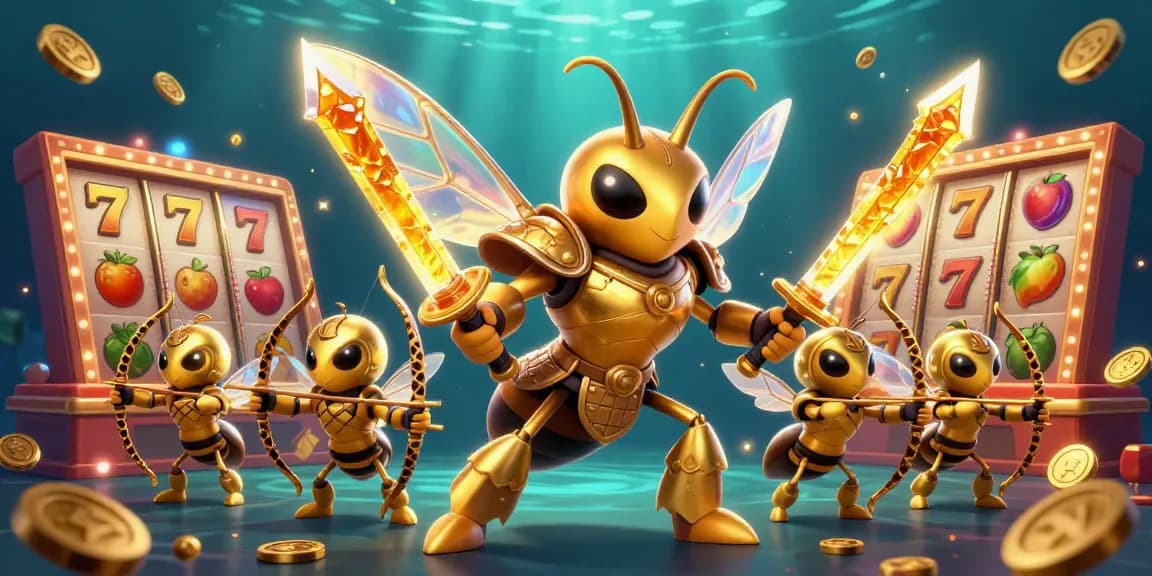 Experience excitement at rr88 with the golden hornet samurai and bee archers amidst a vibrant casino backdrop.