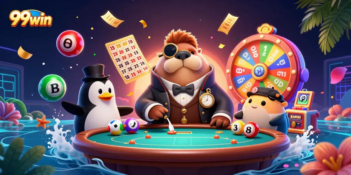 Experience thrilling gameplay with 99win as colorful lottery elements surround festive characters.
