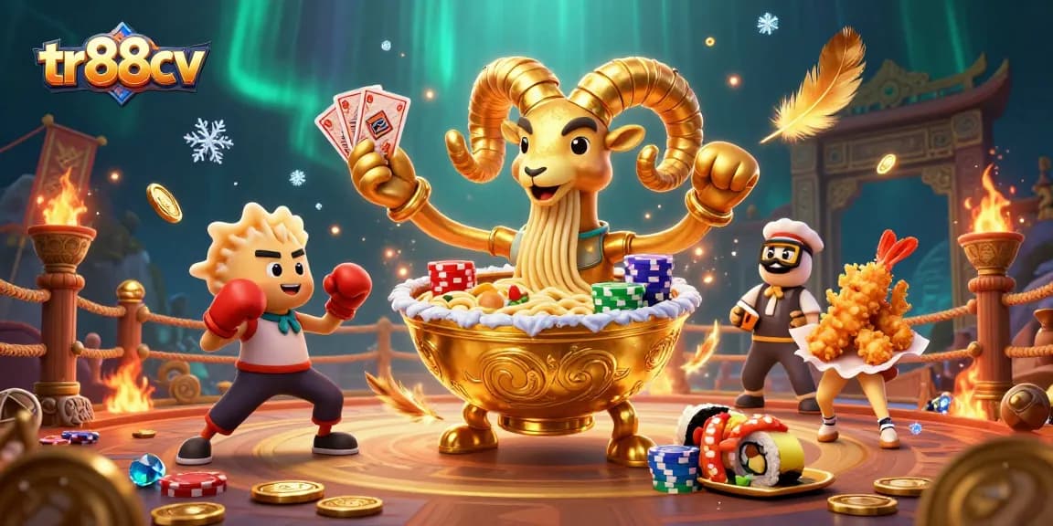 tr88cv showcases a thrilling casino scene with a golden ramen bowl character actively dealing cards and stacking chips.