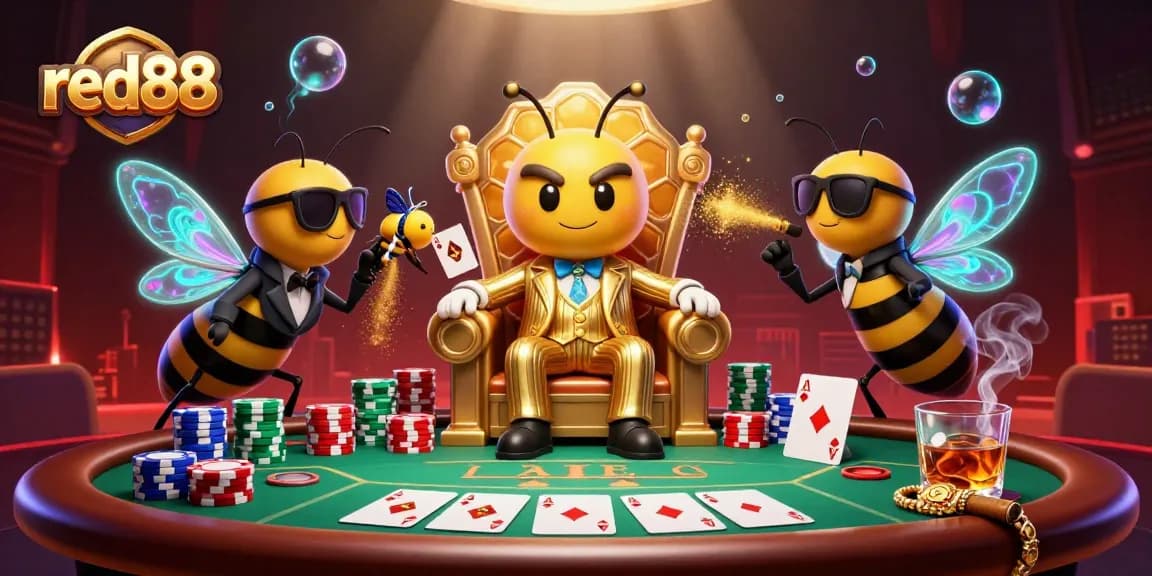 red88's buzzing bumblebee mob boss strategizes over poker chips in a vibrant casino scene