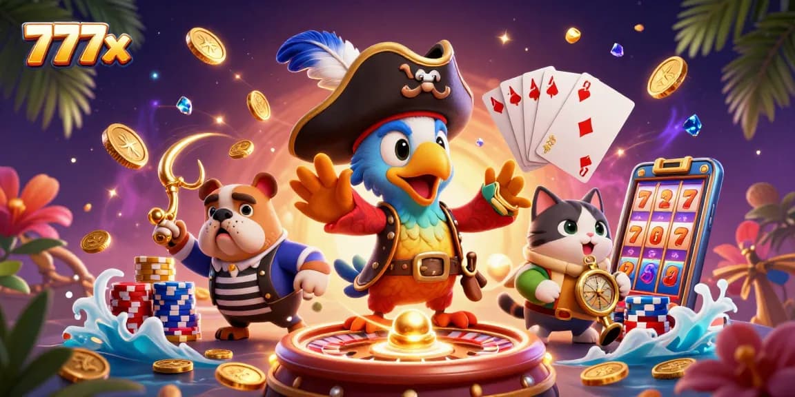 Experience thrilling gameplay with 777x, featuring pirate characters amid casino elements and vibrant graphics.