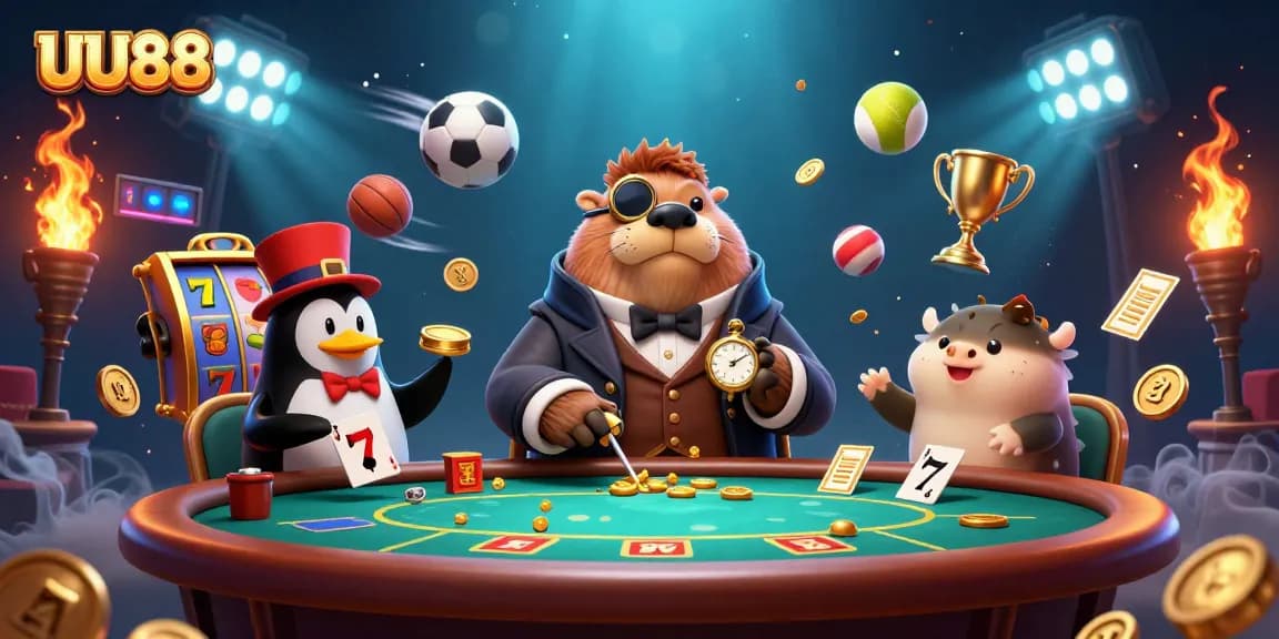 UU88 showcases a jolly walrus playing poker in an underwater casino scene, emphasizing fun gambling vibes.