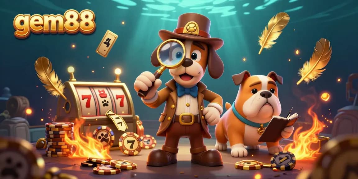 Engage with gem88's vibrant casino adventure featuring a detective discovering treasures among slot symbols.