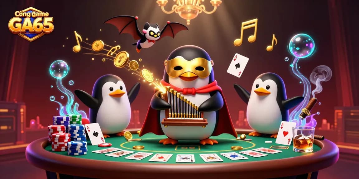Experience thrilling wins with Cổng game GA65 as golden coins flow from the organ amidst a vibrant casino scene.