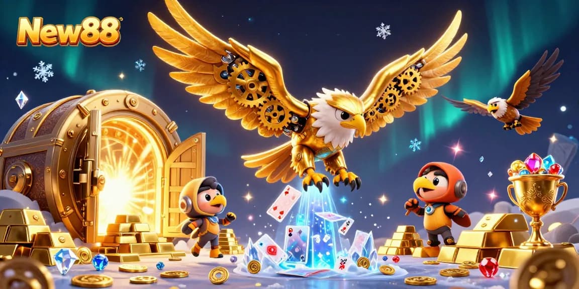 Experience the excitement of New88 as a golden eagle navigates a vibrant casino environment filled with treasures.