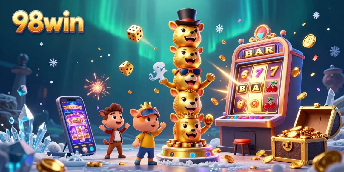 Win big at 98win with a vibrant casino scene featuring gold coins and jackpot excitement.