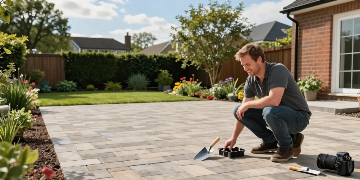 Driveways and Patios Dublin showcase of a finished block paving project with homeowner inspecting the quality of work.