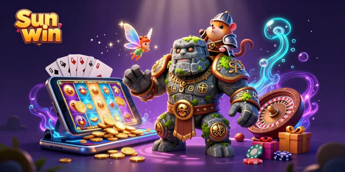 Spin the reels at Sun win with an enchanting scene featuring characters and casino elements in a vibrant display.