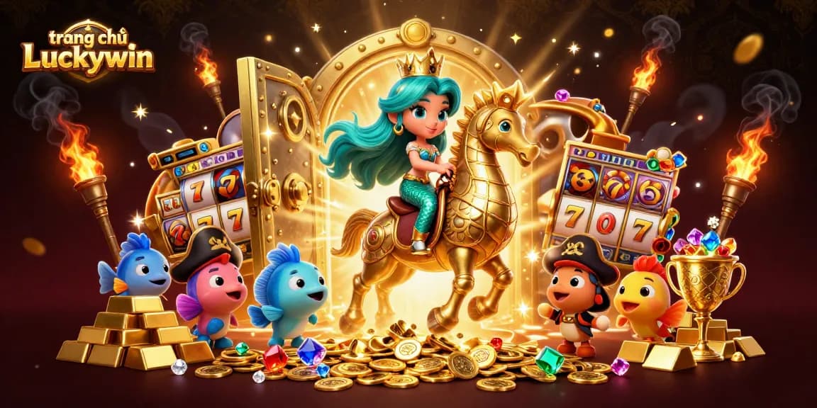 Engaging illustration featuring trang chủ Luckywin's mermaid princess celebrating jackpot wins on a seahorse amidst treasure.