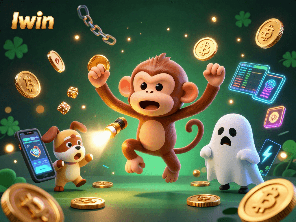 Iwin's poltergeist monkey juggles crypto coins in a vibrant haunted casino scene.