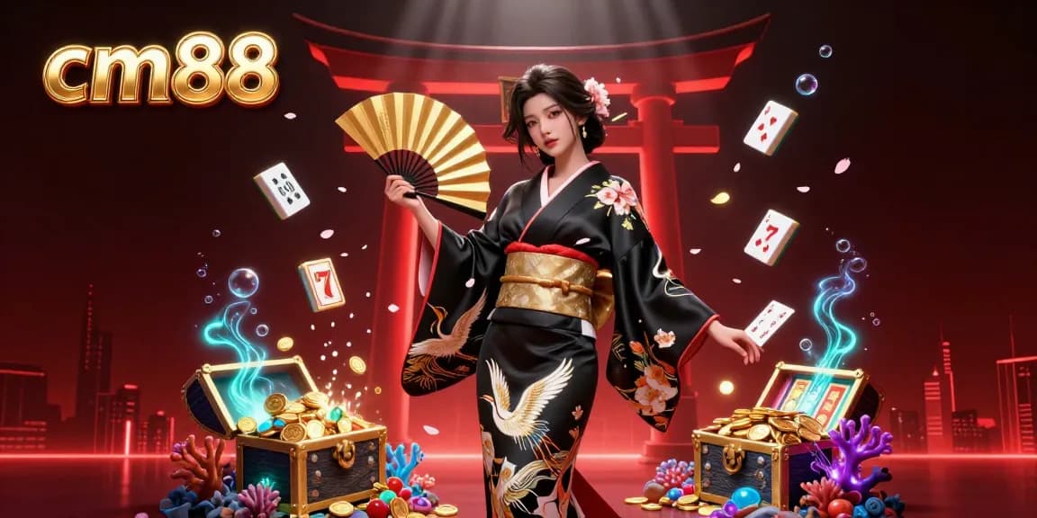 Engage with CM88's rich casino experience featuring golden fan, sakura, and animated slot reels.