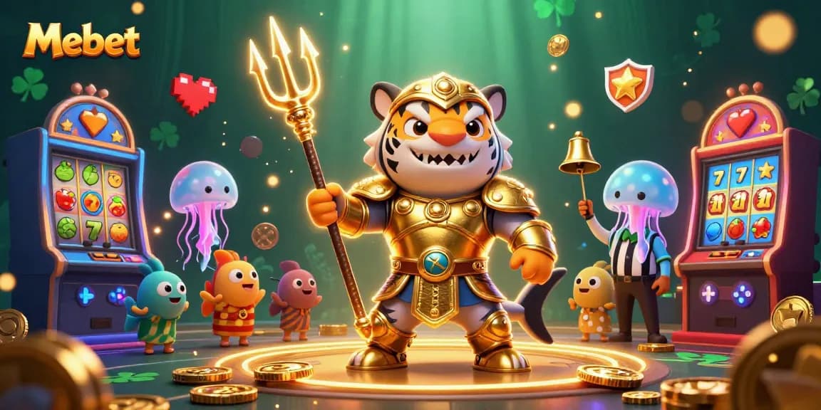 Mebet's lively underwater casino scene showcases a shark in gladiator armor amidst vibrant slot machines.
