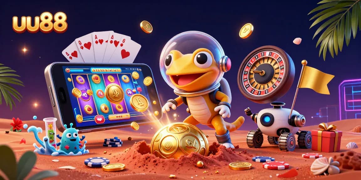 Experience the exciting universe of uu88 with a Martian gecko discovering a golden casino amidst a vibrant 3D scene.