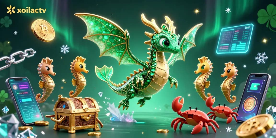 Watch thrilling games on xoilactv with a vibrant 3D representation of a sea dragon and crypto elements.