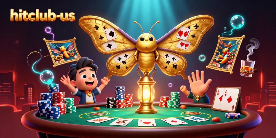 Engage with hitclub-us through a vibrant casino illustration showcasing card suits and poker elements.