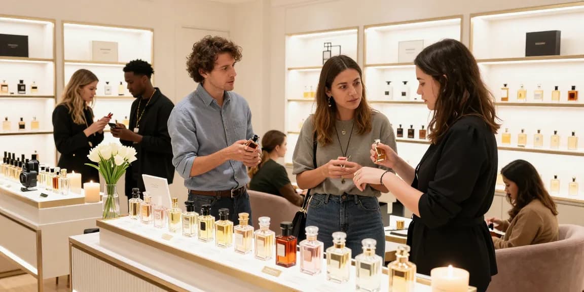 Scene from a fragrance boutique showcasing customers exploring the best everyday perfume options with vibrant displays and engaging atmosphere.