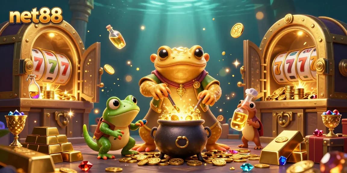 Spin the reels of net88's vibrant casino with dynamic cartoon alchemist characters and treasure!