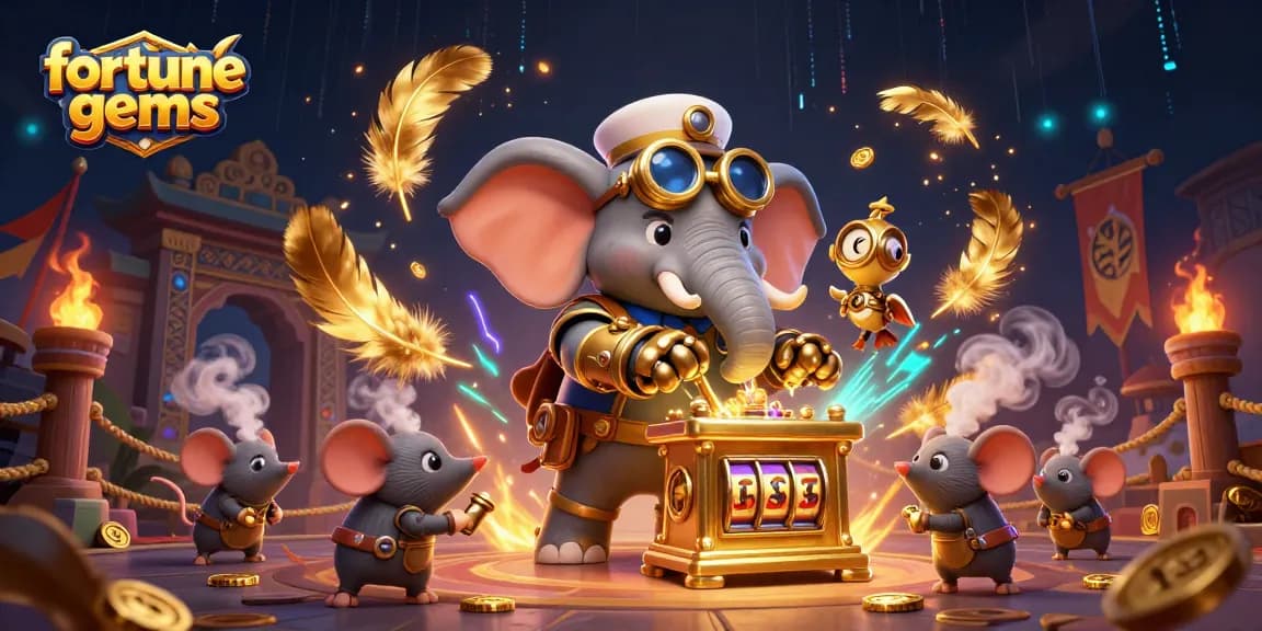 Experience the excitement of fortune gems with a steampunk elephant winning at the slot machine.
