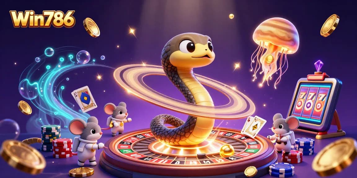 Win786 Casino scene with animated characters, roulette, and vibrant game elements.