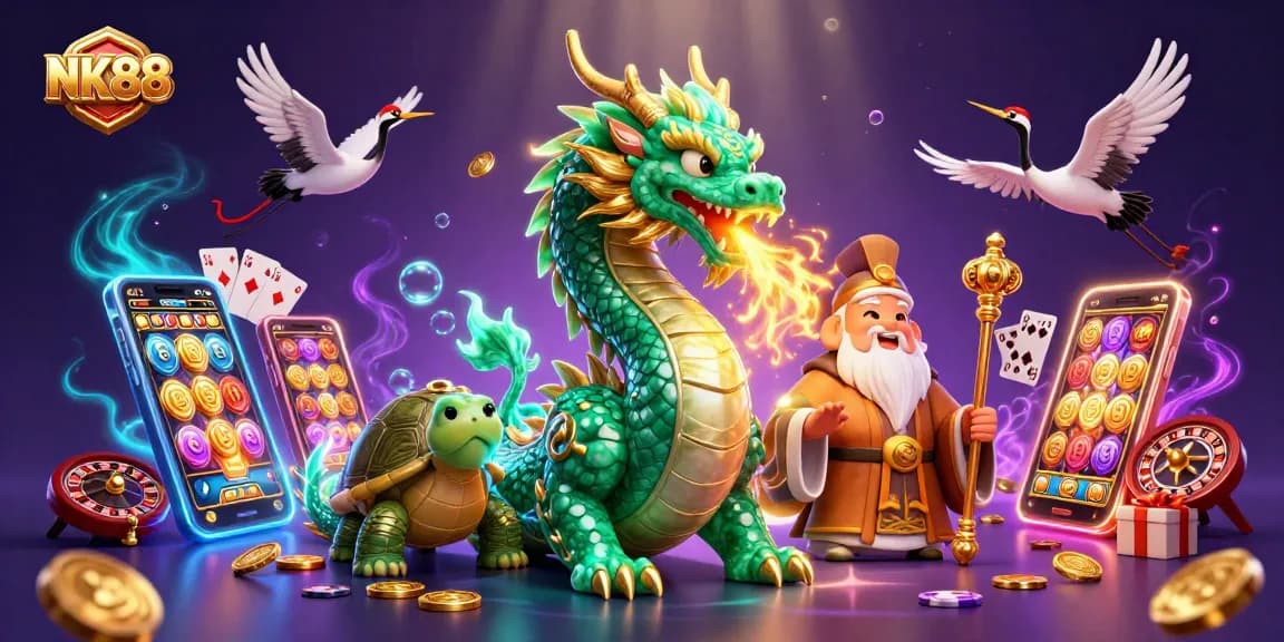 Engage with NK88's vibrant casino scene, featuring a jade dragon and exciting game elements.