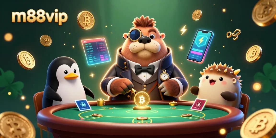 Experience thrilling gameplay at m88vip with a jolly walrus playing poker underwater surrounded by crypto elements.