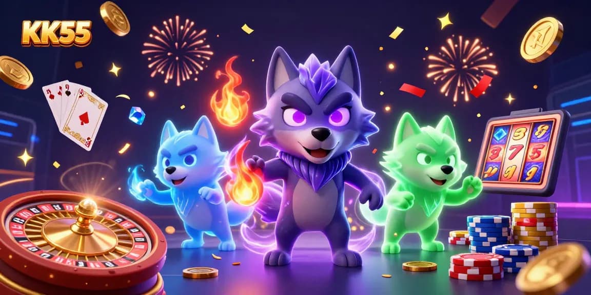 Engage with KK55's vibrant 3D casino scene showcasing exciting gaming elements and captivating characters.