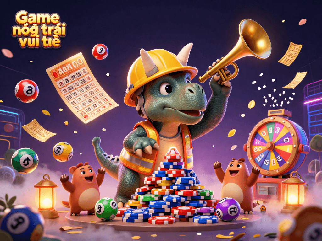 Game nông trại vui vẻ showcases dynamic gaming action with cartoon dinosaurs amid vibrant gambling elements.