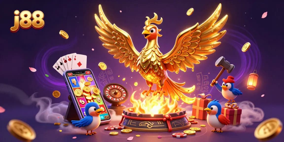 Spin to win in the j88 casino adventure with a phoenix erupting gold and slots!